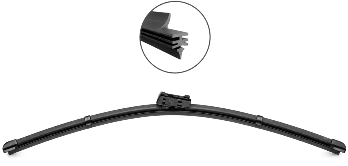 Palheta aerodinâmica com conector central saliente, e o corte do perfil de borracha ampliado num círculo acima dela.